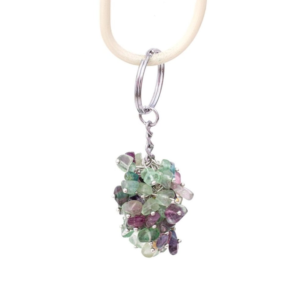 Polished Rainbow Fluorite Gemstone Chip Cluster Keychain Crystals Metaphysical